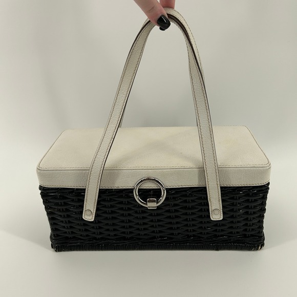 kate spade Handbags - Vintage Kate Spade New York Black Wicker Basket White Leather Bag Polka Dot